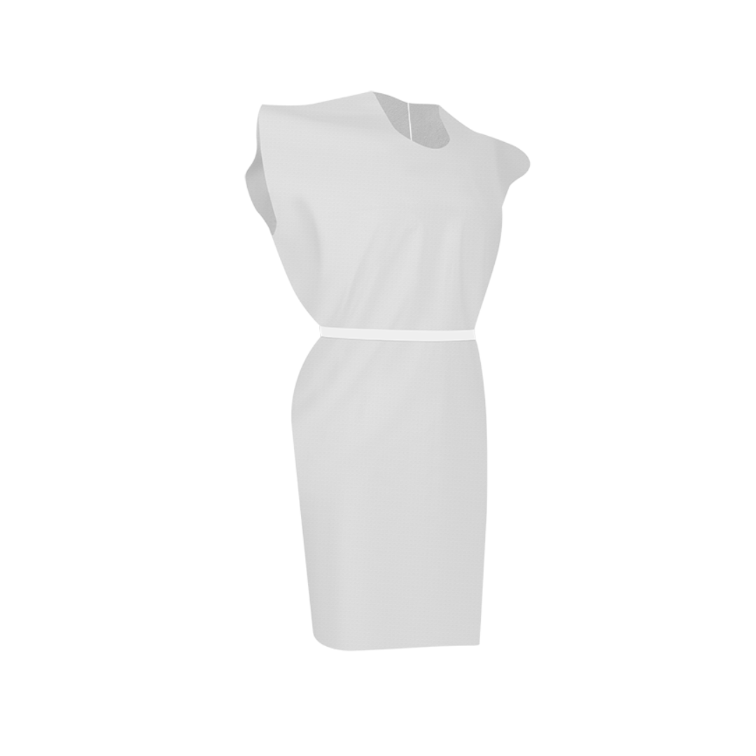 The Dynarex Exam Gowns are disposable patient gowns featuring a simple, sleeveless white design with a round neckline and waist belt, resembling classic medical attire. Shown on a plain white background.